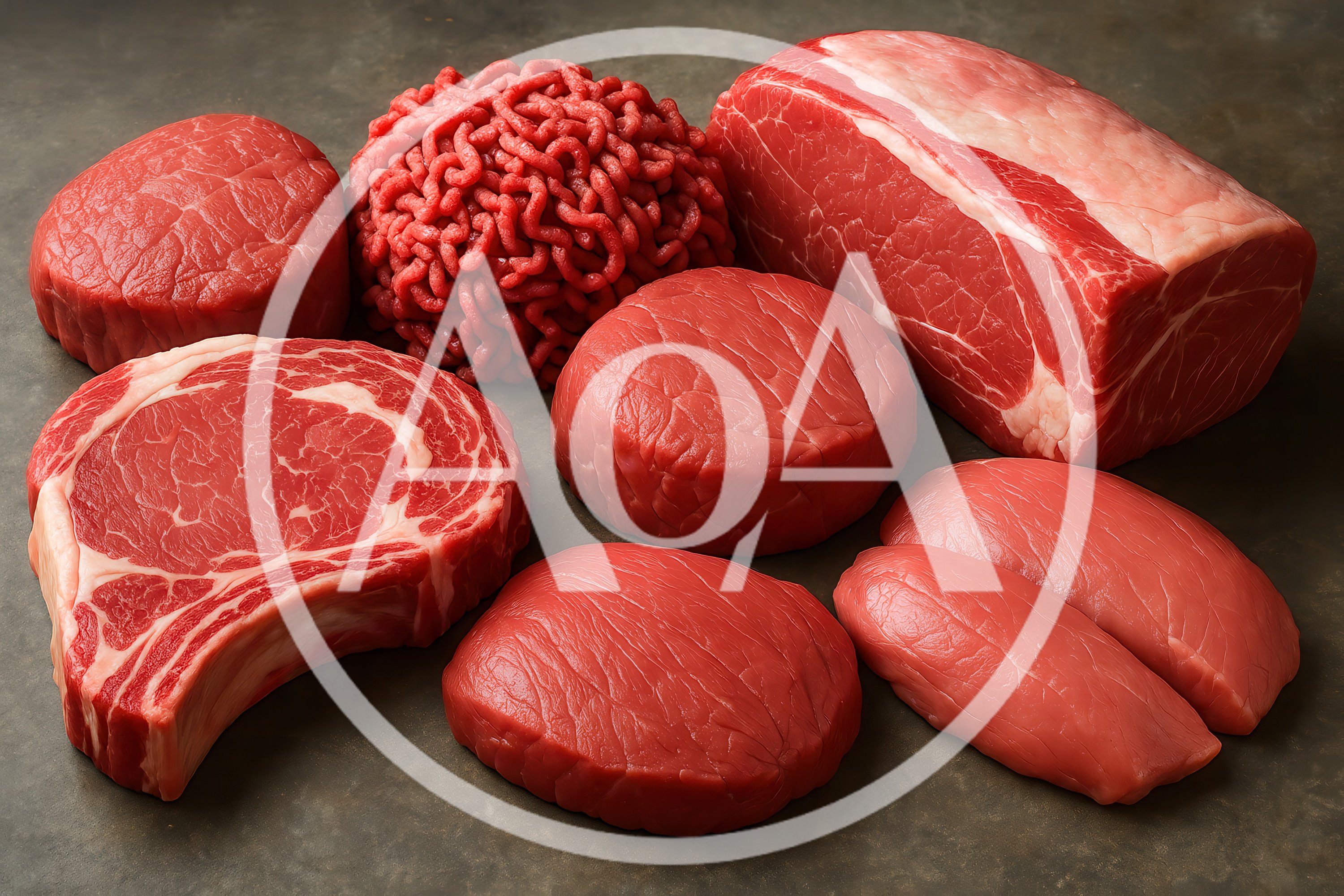 Assorted Cuts Of Raw Beef On Dark Surface