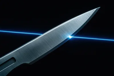 Surgical Scalpel Blade Intersected By A Blue Laser Beam