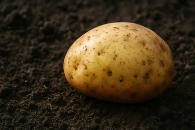 Single Raw Potato Resting On Dark Fertile Soil