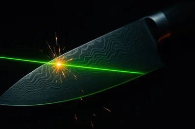 Green Laser Beam Striking Damascus Steel Knife Blade