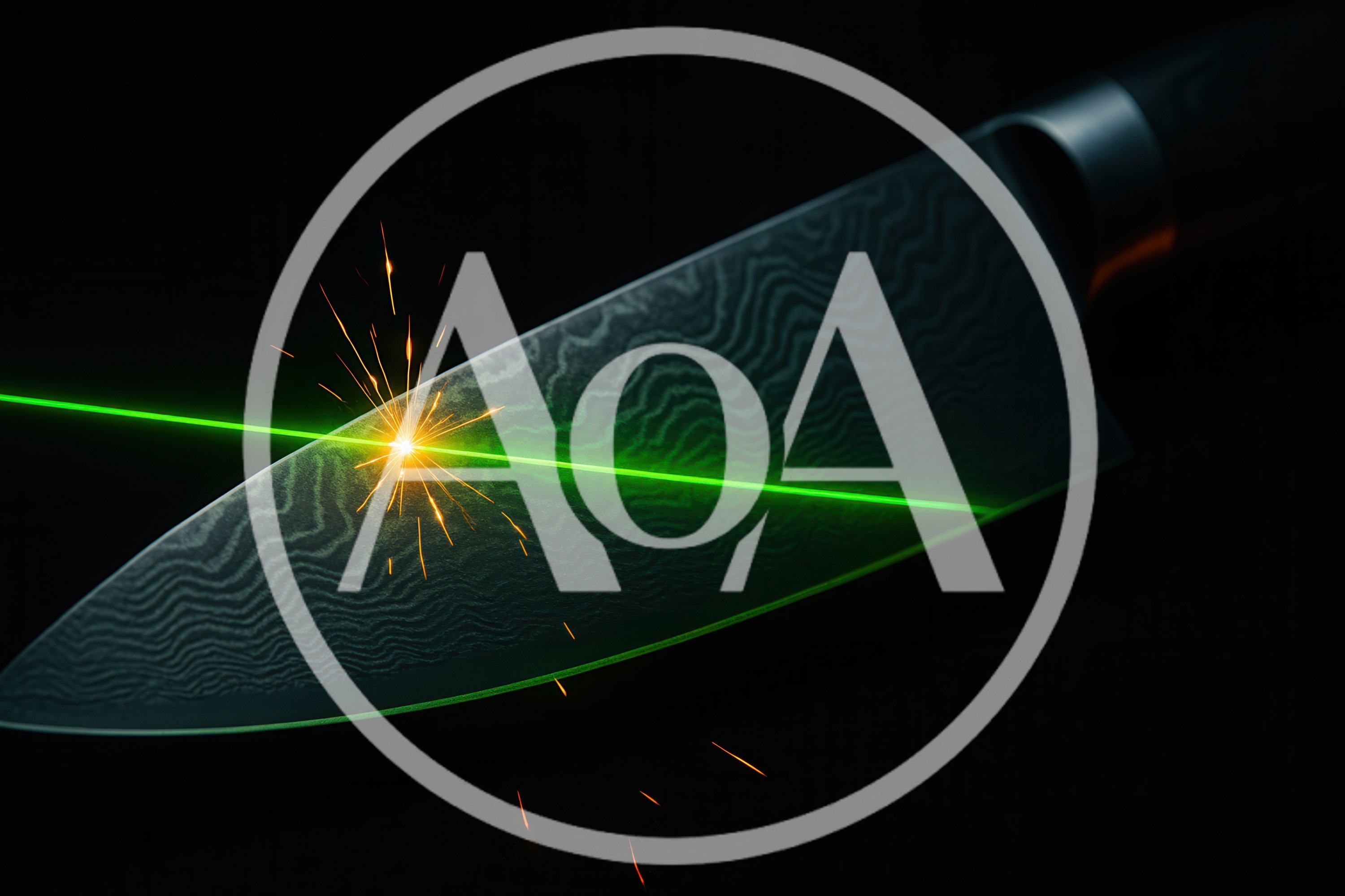 Green Laser Beam Striking Damascus Steel Knife Blade