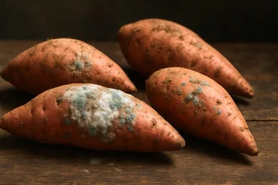 Four Moldy Sweet Potatoes On A Wooden Table