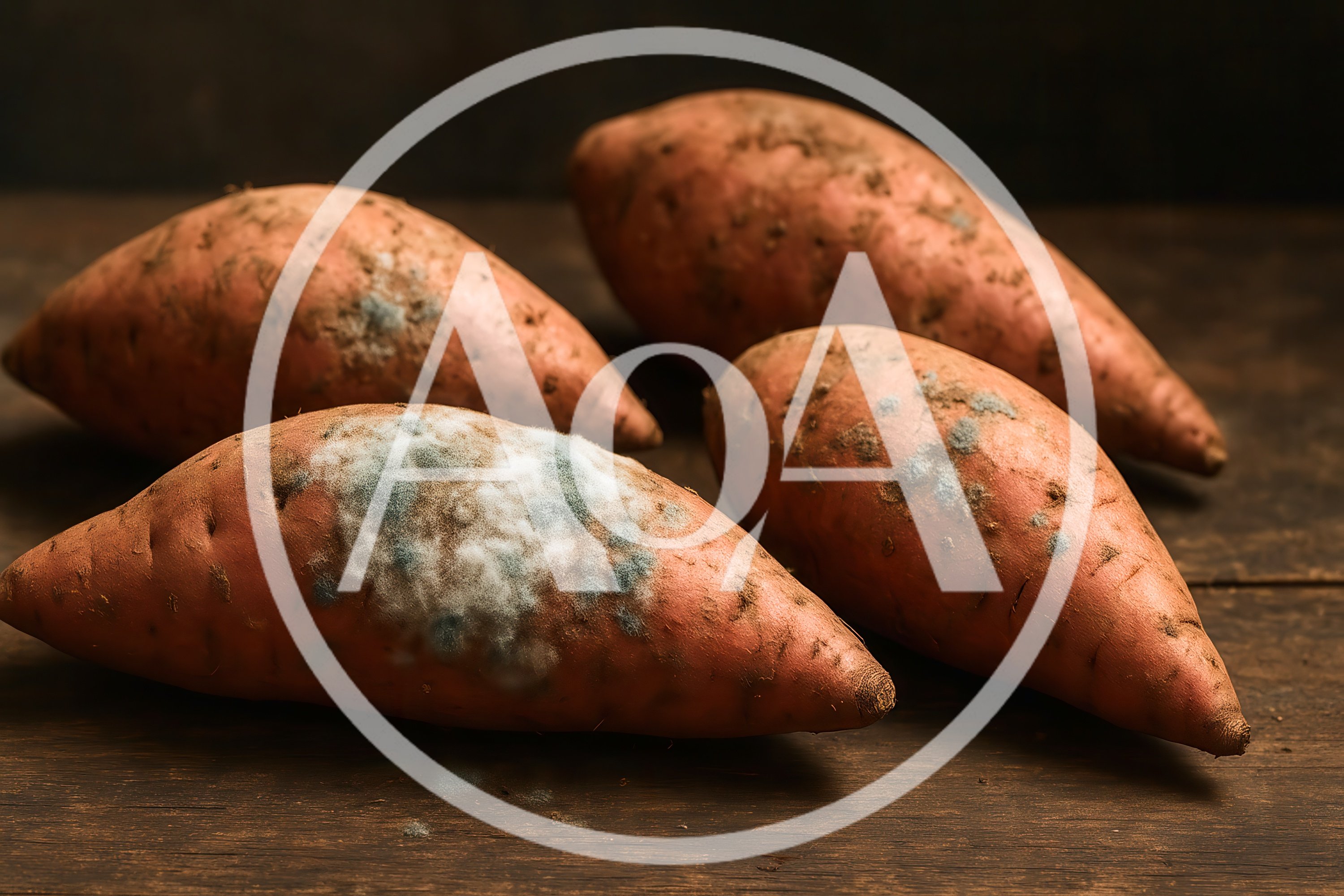 Four Moldy Sweet Potatoes On A Wooden Table