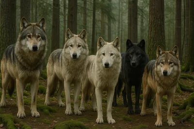 Pack Of Five Wolves Standing In Misty Forest