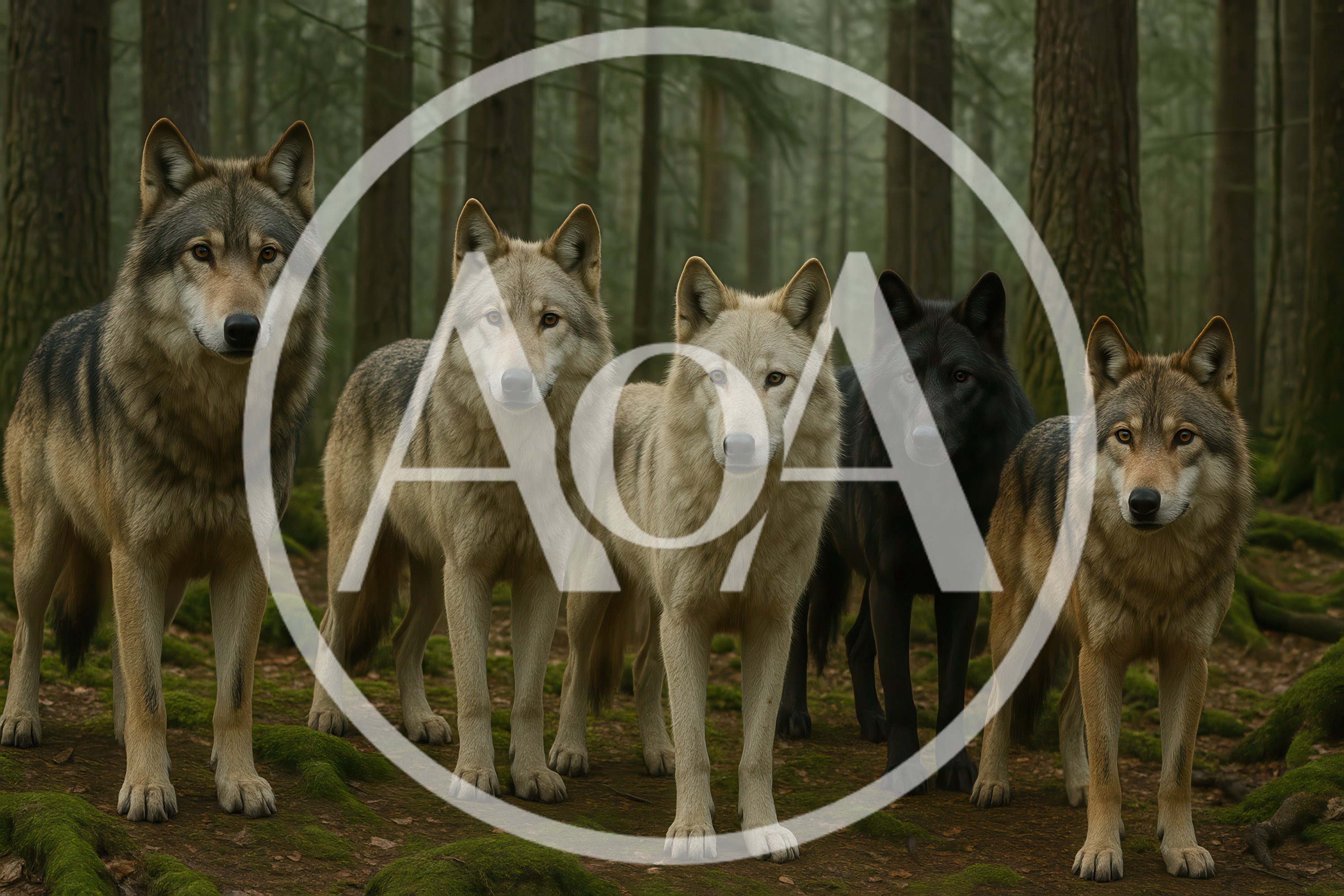 Pack Of Five Wolves Standing In Misty Forest