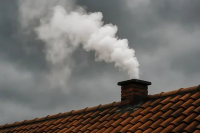 Smoke Rising From A Brick Chimney On A Tiled Roof