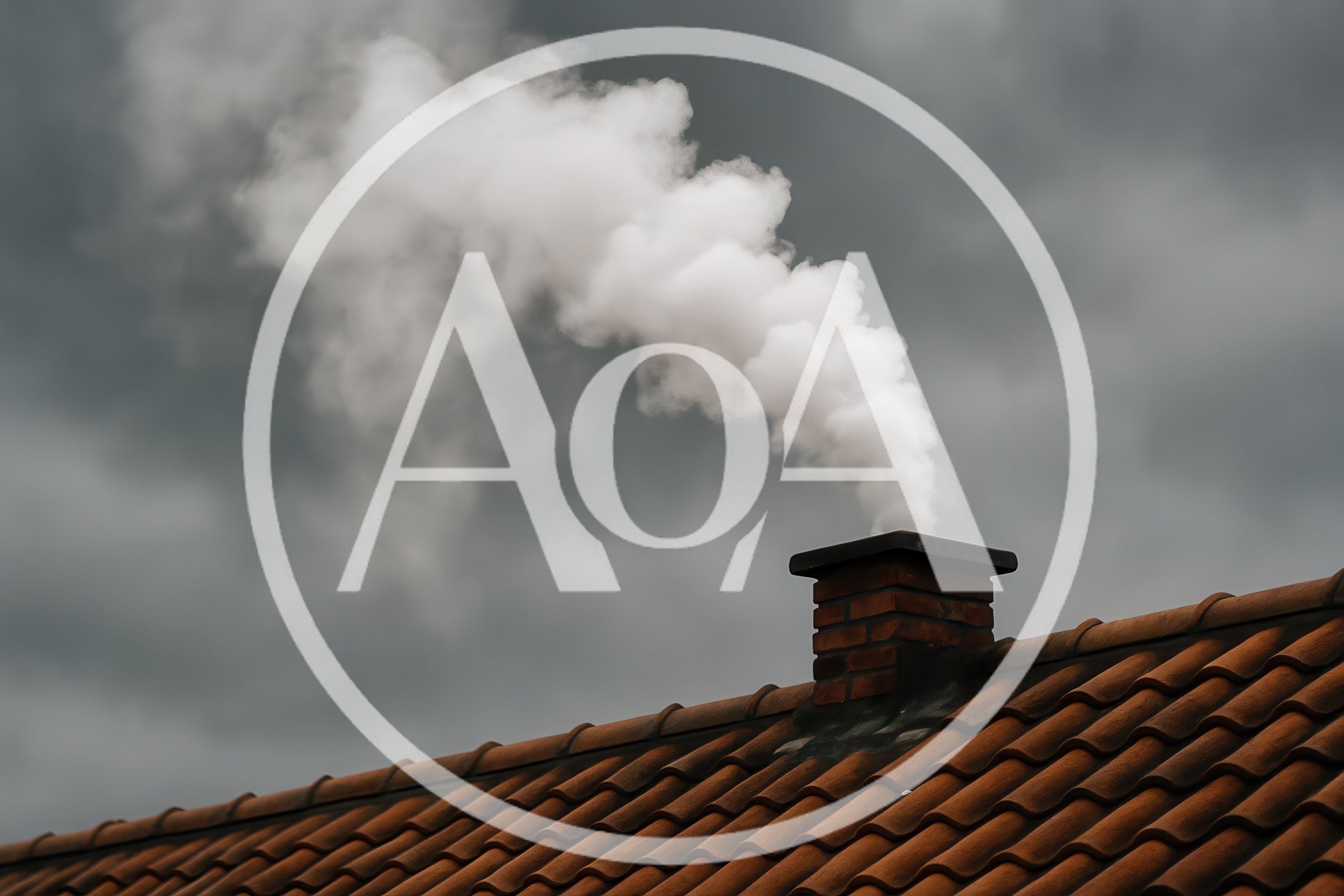 Smoke Rising From A Brick Chimney On A Tiled Roof