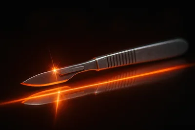 Surgical Scalpel Blade Resting On Reflective Surface