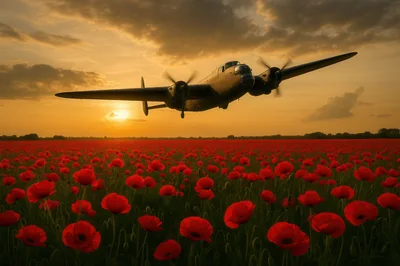 Vintage Bomber Aircraft Flying Over A Field Of Poppies