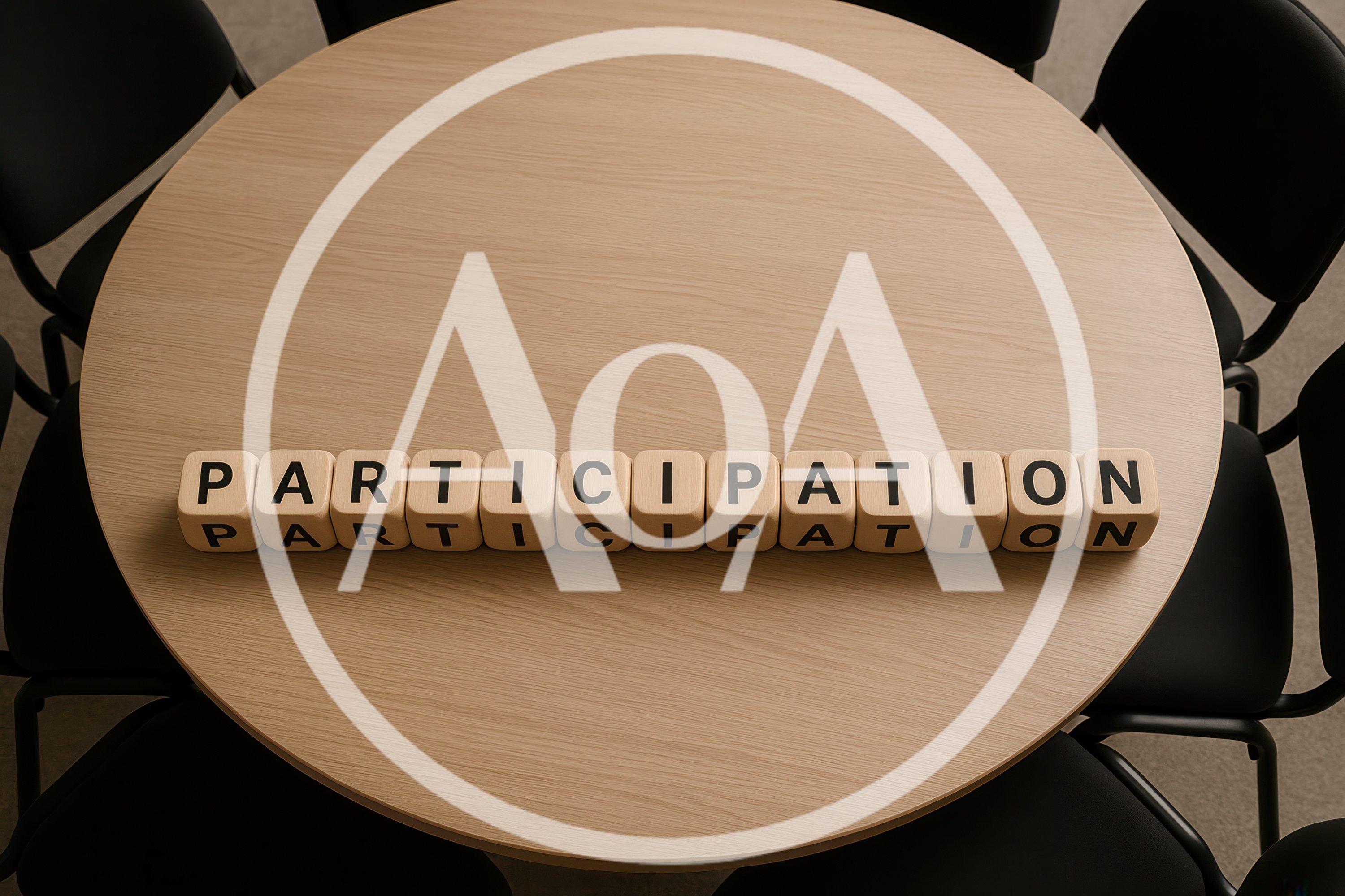 Wooden Blocks Spelling Participation On A Round Meeting Table