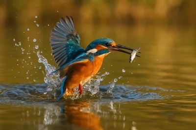 Common Kingfisher Catching A Small Fish In Water