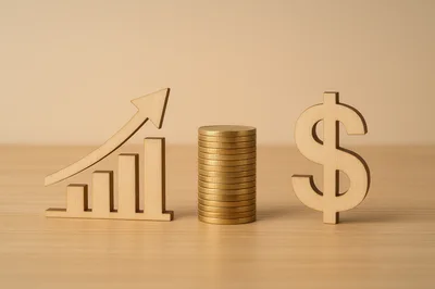 Wooden Growth Chart Coins And Dollar Sign Symbol