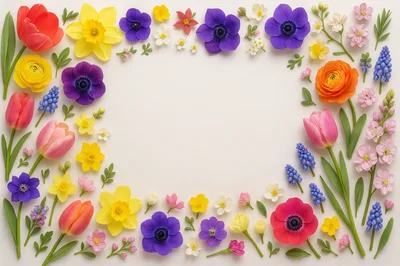 Spring Flower Border Frame on White Background