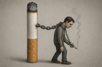 Conceptual Illustration Of Man Chained To A Cigarette