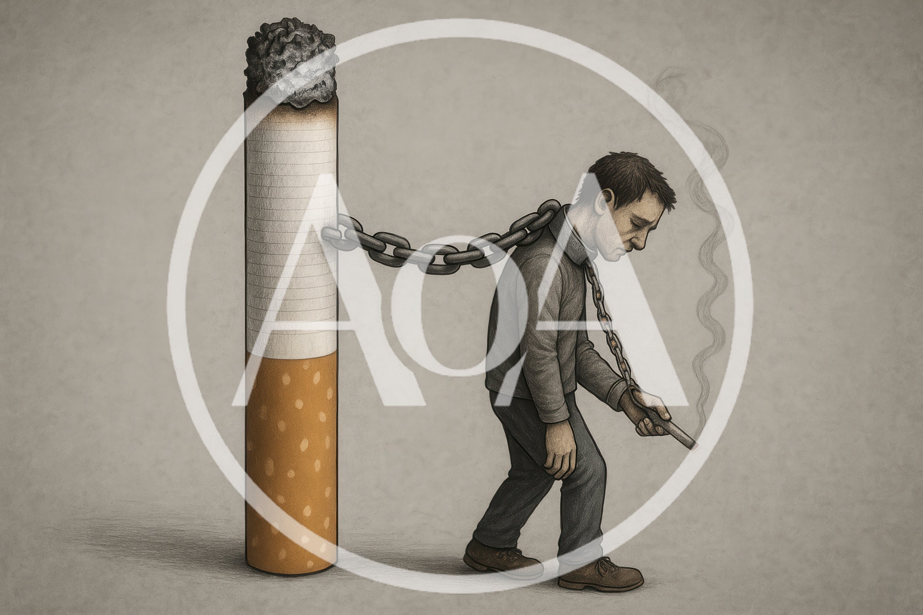 Conceptual Illustration Of Man Chained To A Cigarette