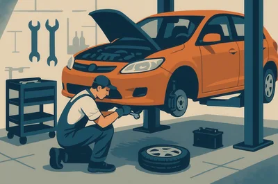Mechanic Repairing An Orange Car In A Garage