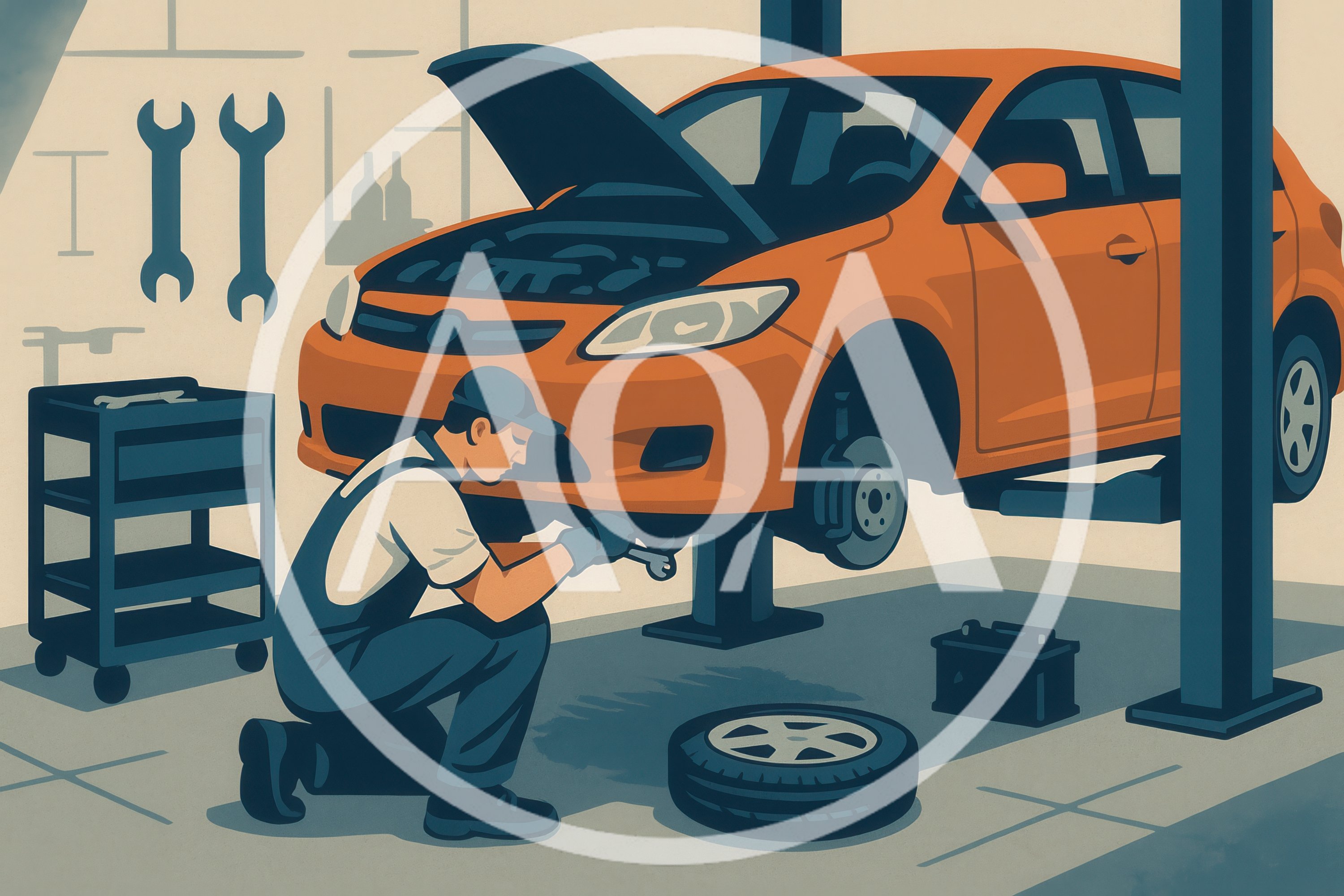 Mechanic Repairing An Orange Car In A Garage