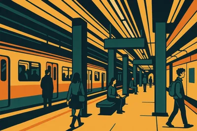 Stylized Illustration Of Commuters At A Subway Station
