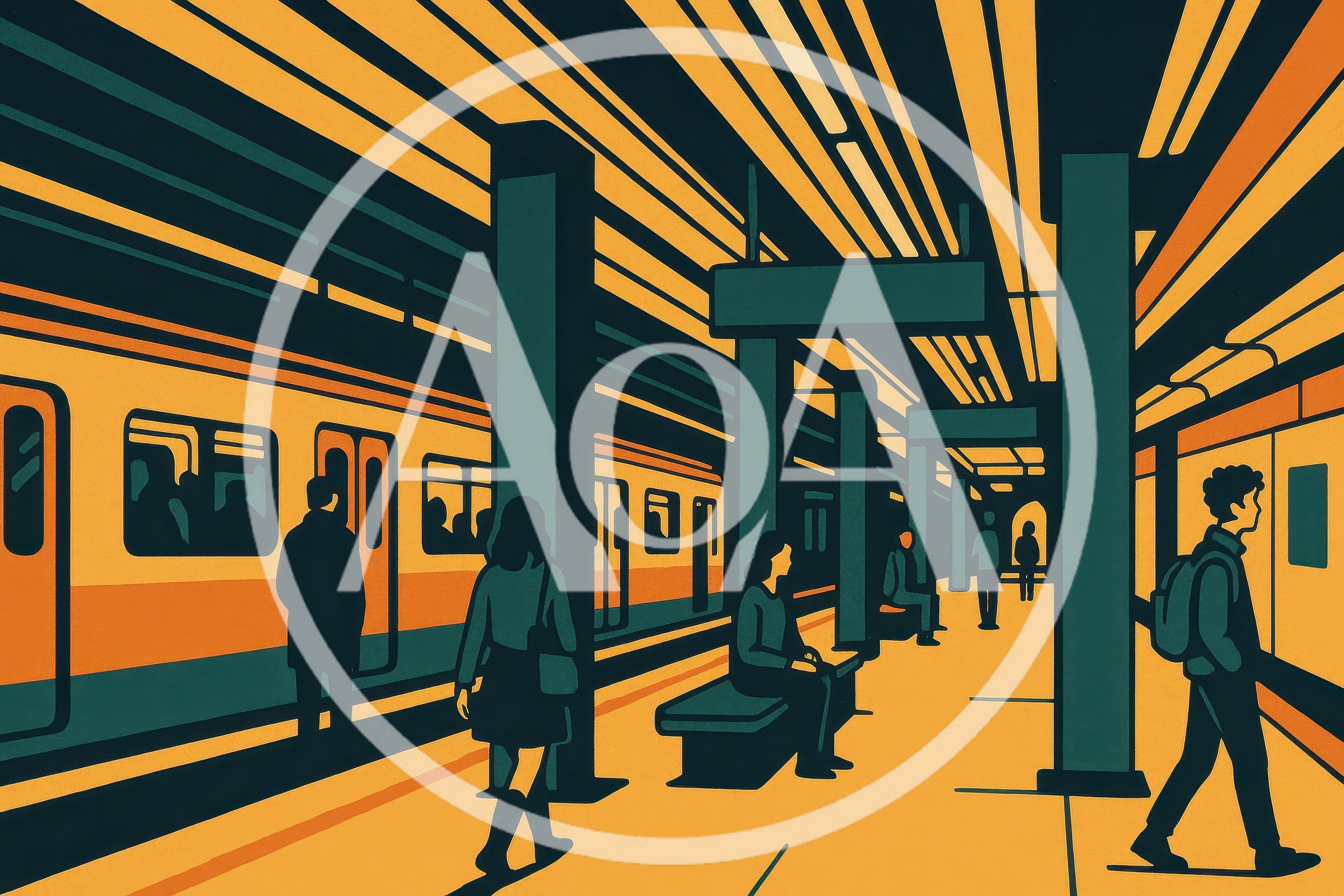Stylized Illustration Of Commuters At A Subway Station