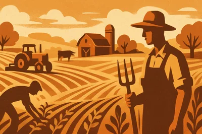 Stylized Illustration Of Farmers Working On A Farm