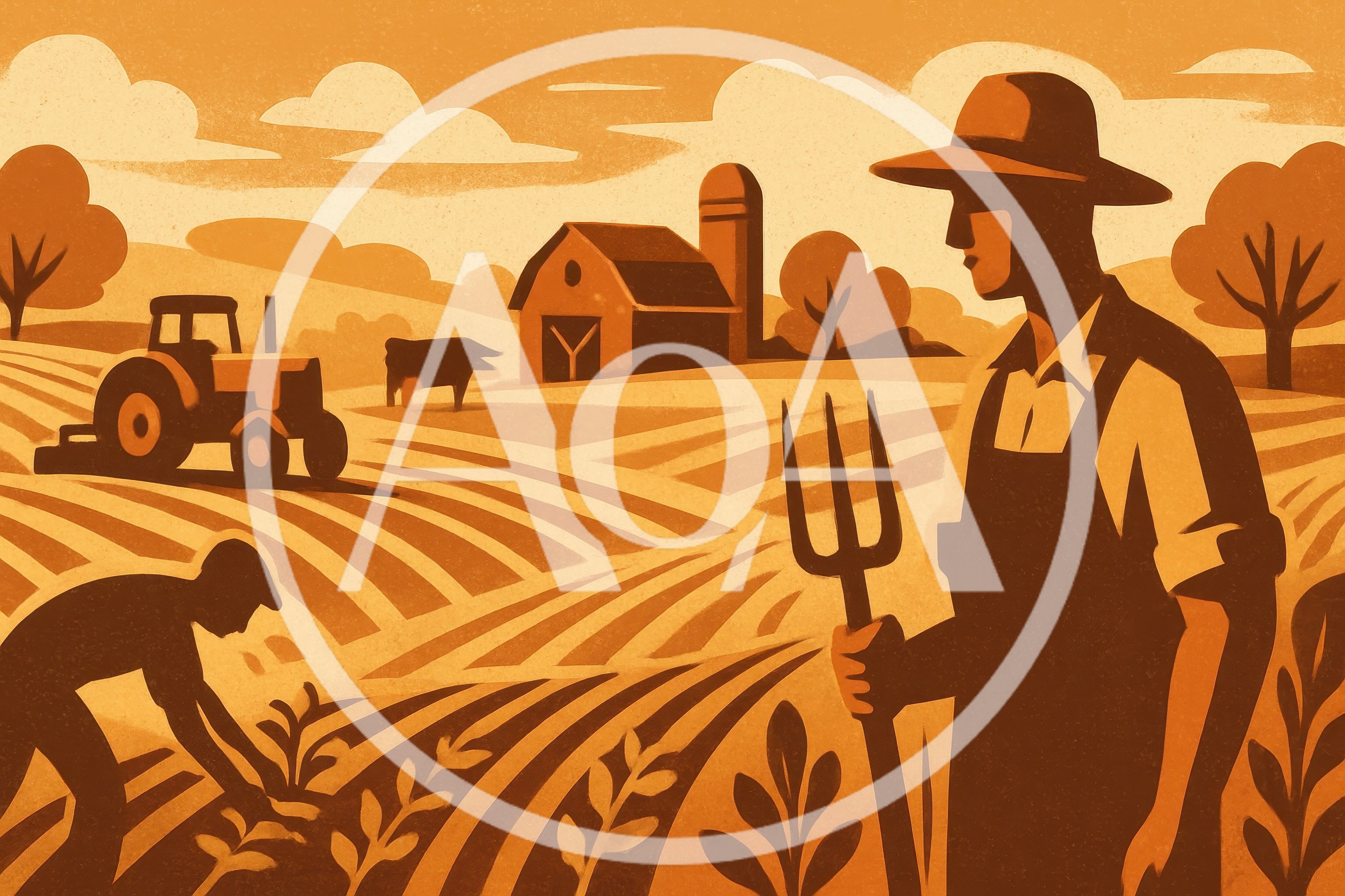 Stylized Illustration Of Farmers Working On A Farm