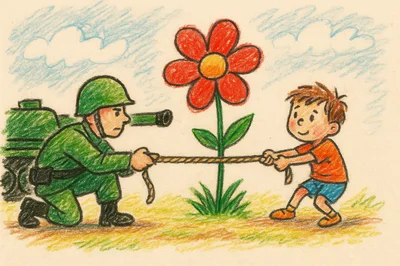 Soldier And Child Playing Tug Of War With Flower