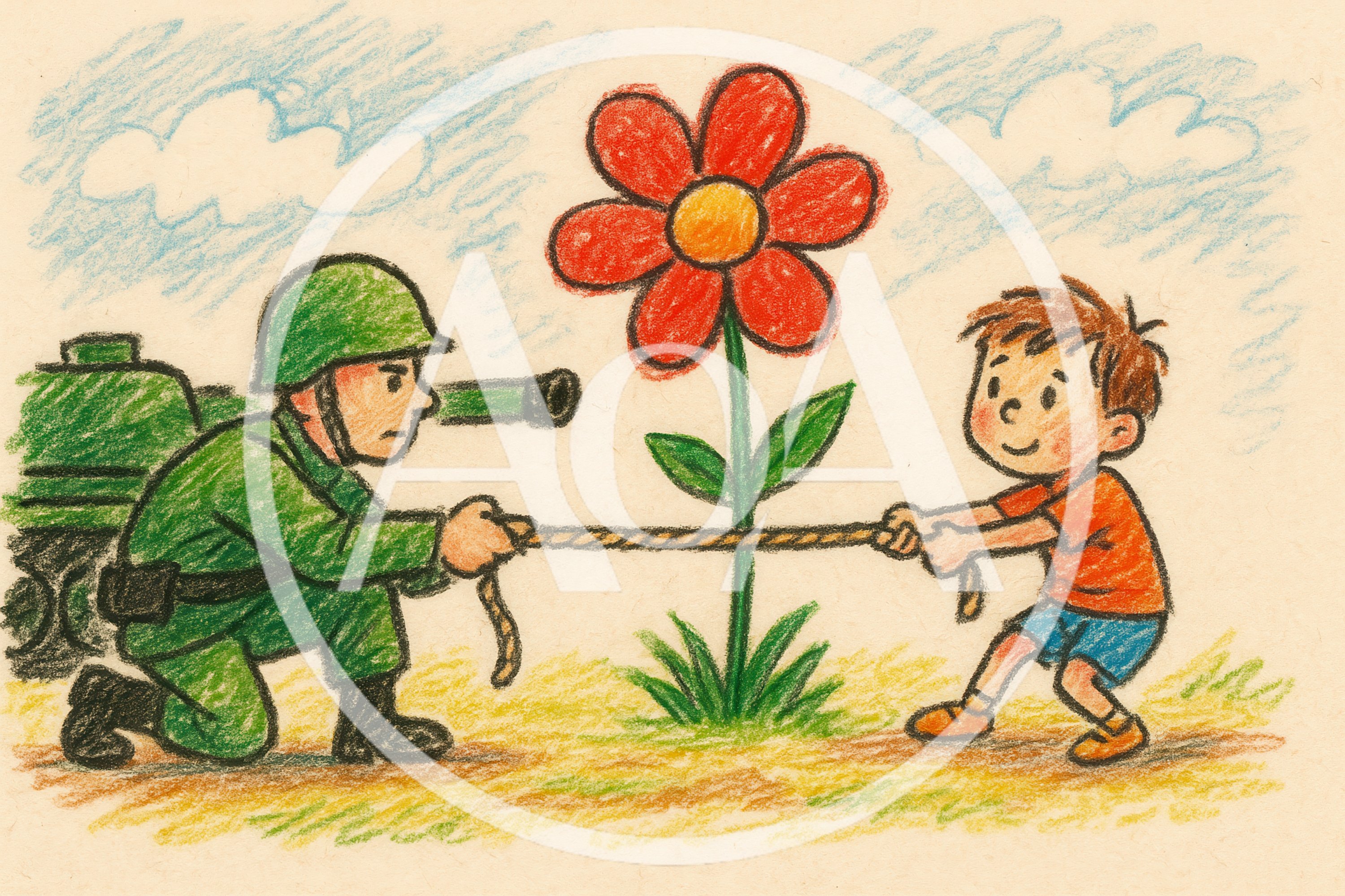 Soldier And Child Playing Tug Of War With Flower