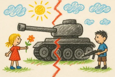 Childhood Drawing Of A Tank Between A Girl And Boy