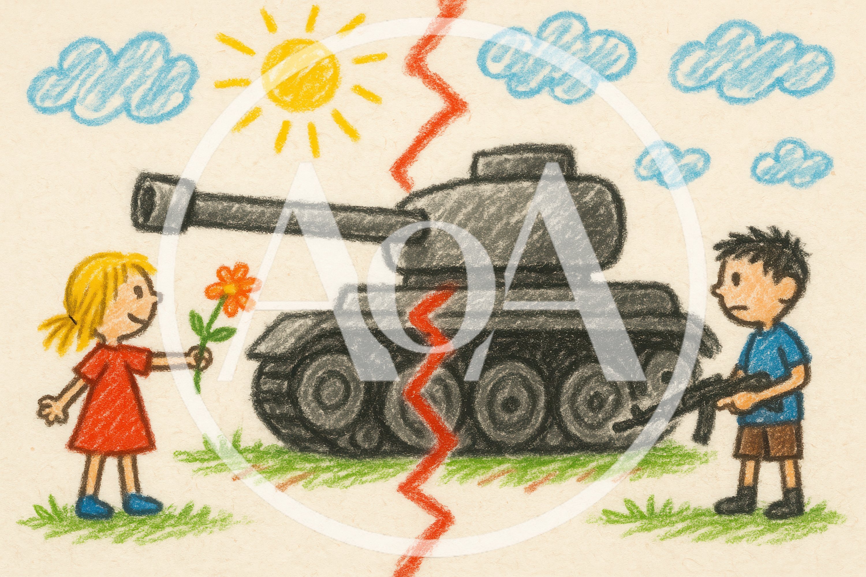Childhood Drawing Of A Tank Between A Girl And Boy