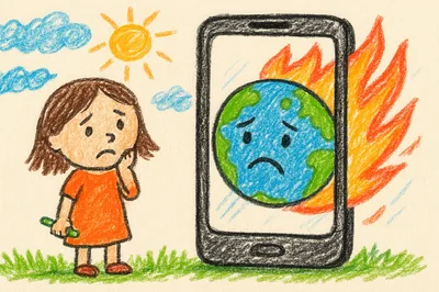 Crayon Drawing Of A Sad Girl Looking At Burning Earth