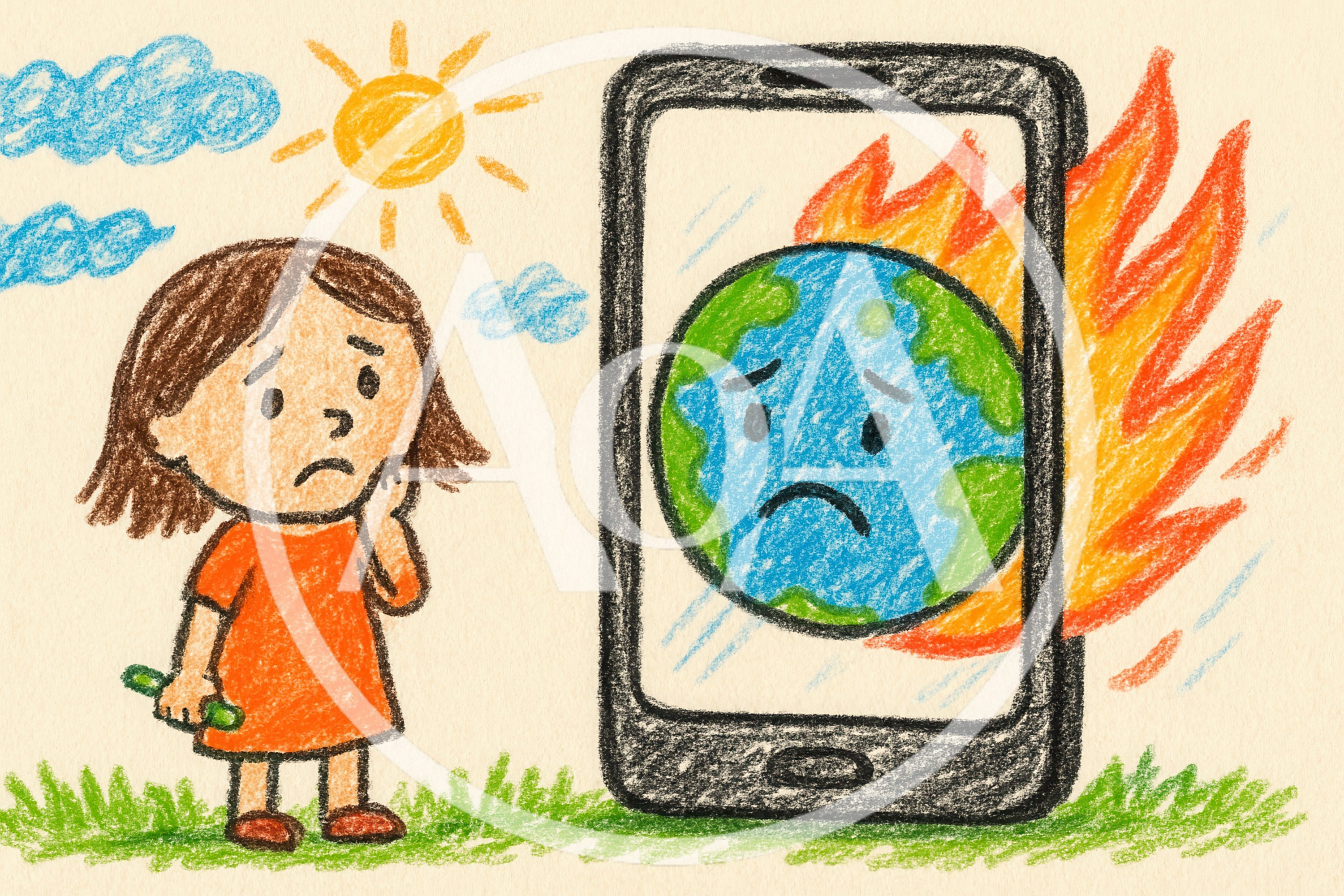 Crayon Drawing Of A Sad Girl Looking At Burning Earth