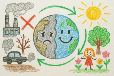 Child Drawing Of Earth With Pollution And Nature