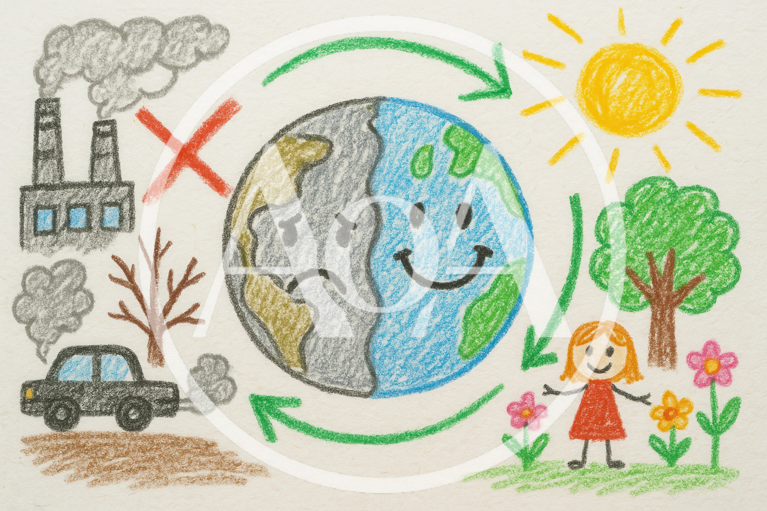 Child Drawing Of Earth With Pollution And Nature