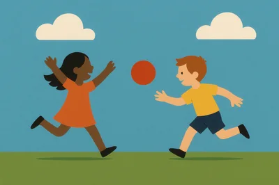 Children Playing With A Red Ball Outdoors