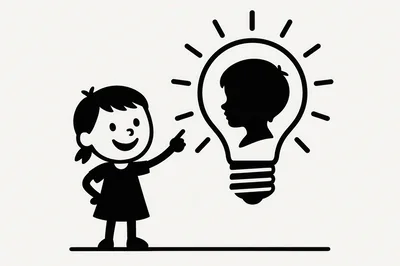Girl Pointing At A Lightbulb With A Child Silhouette