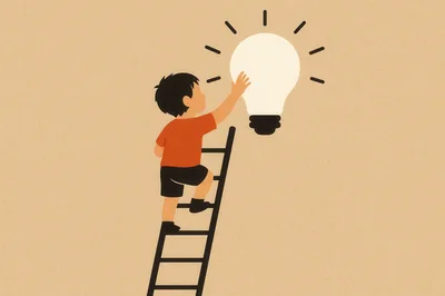 Child Climbing Ladder To Reach Glowing Light Bulb