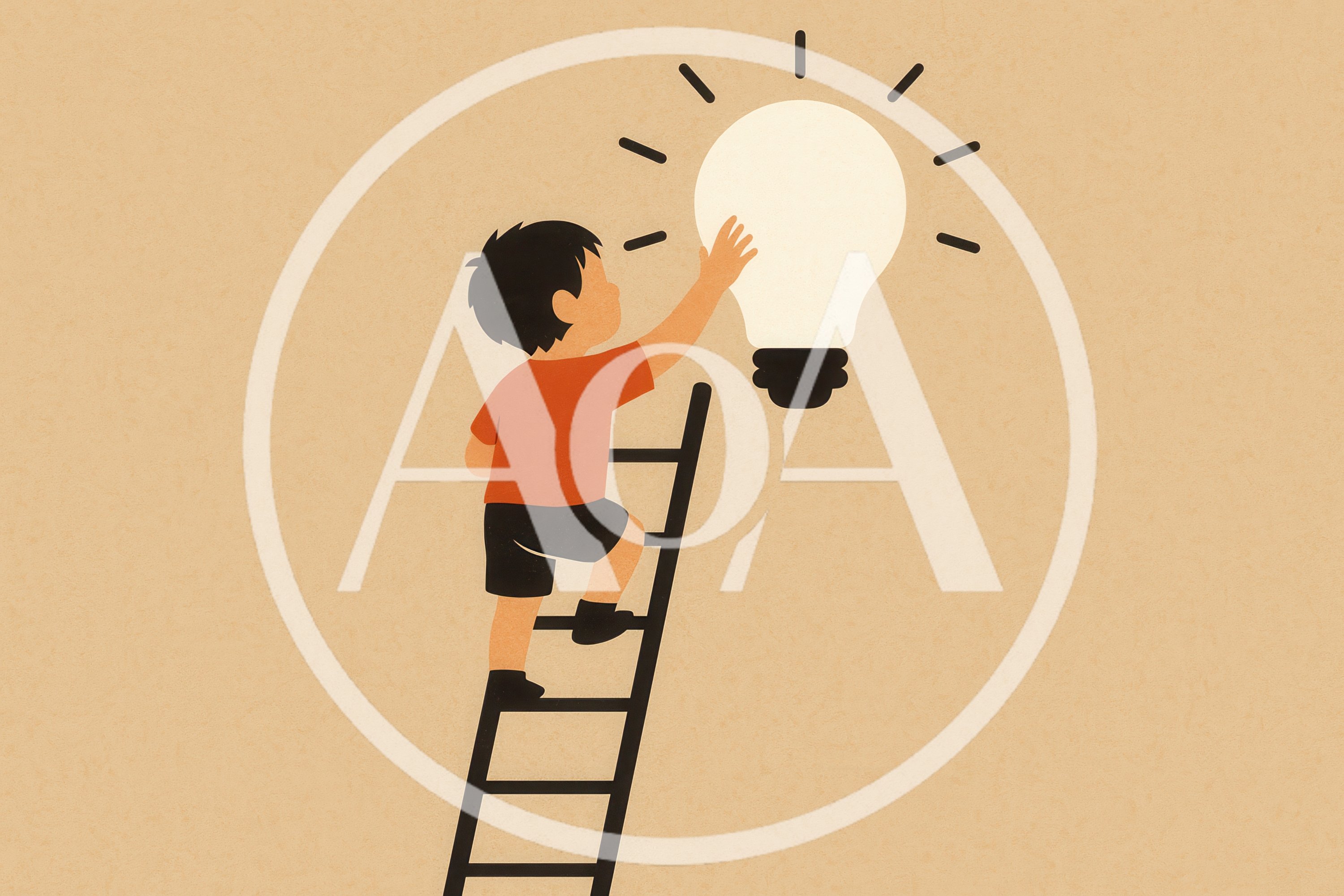 Child Climbing Ladder To Reach Glowing Light Bulb