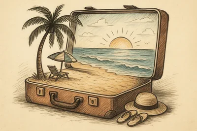 Vintage Suitcase Containing A Tropical Beach Scene Illustration