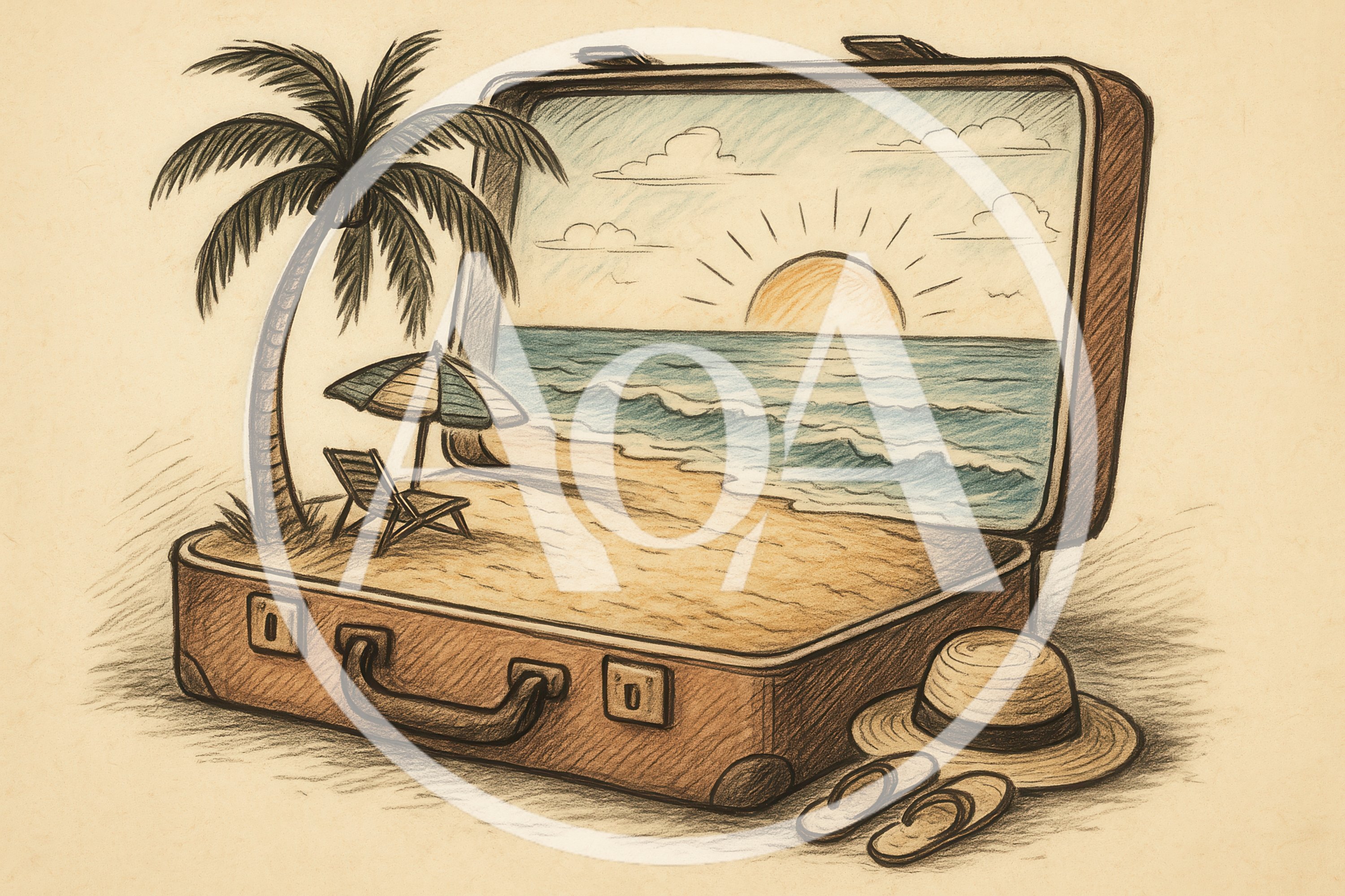 Vintage Suitcase Containing A Tropical Beach Scene Illustration