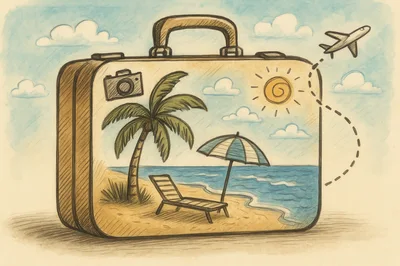 Vintage Suitcase Illustration With Tropical Beach Scene