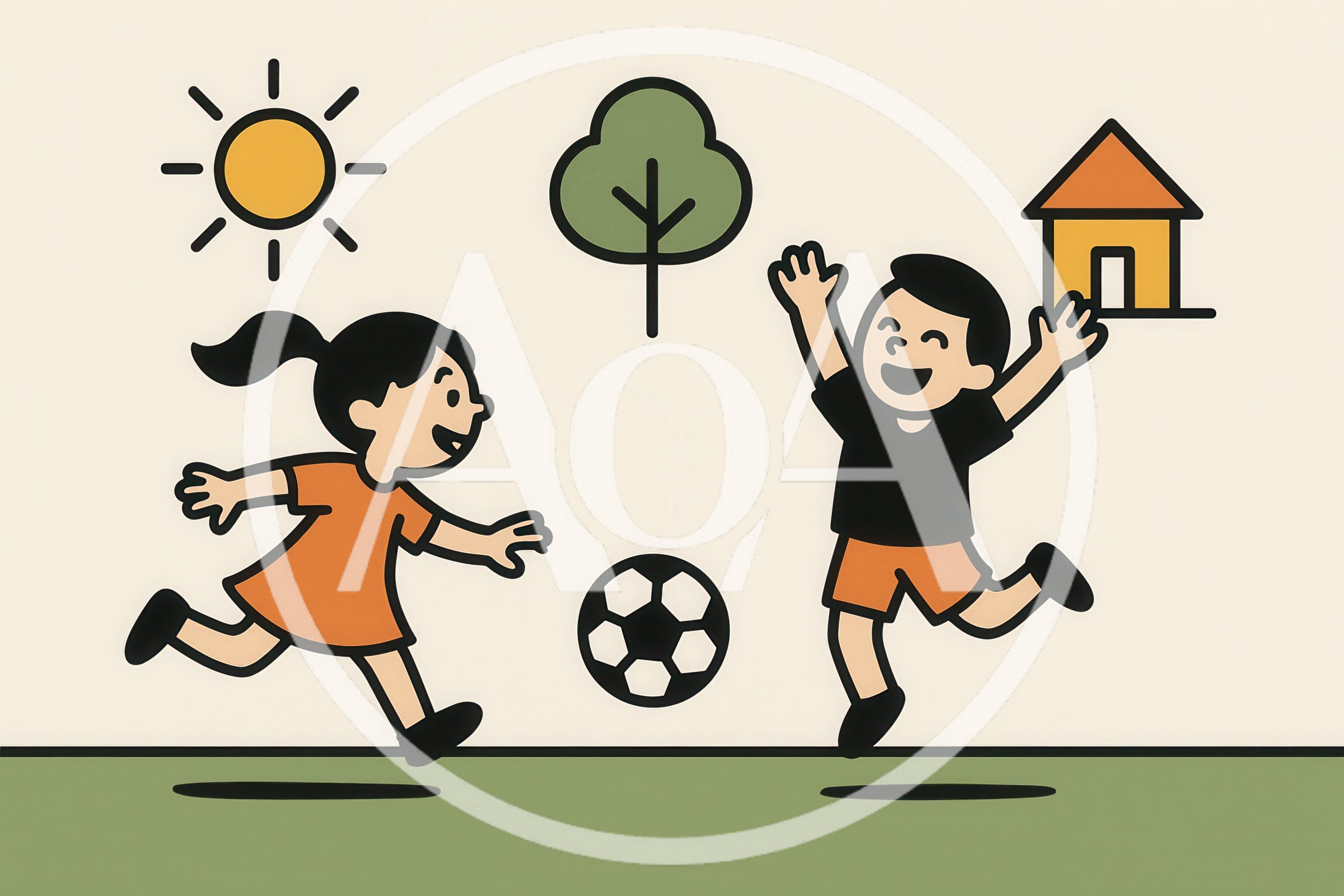 Children Playing Soccer In A Minimalist Cartoon Style