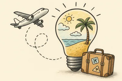 Travel Concept Illustration With Airplane Lightbulb And Suitcase