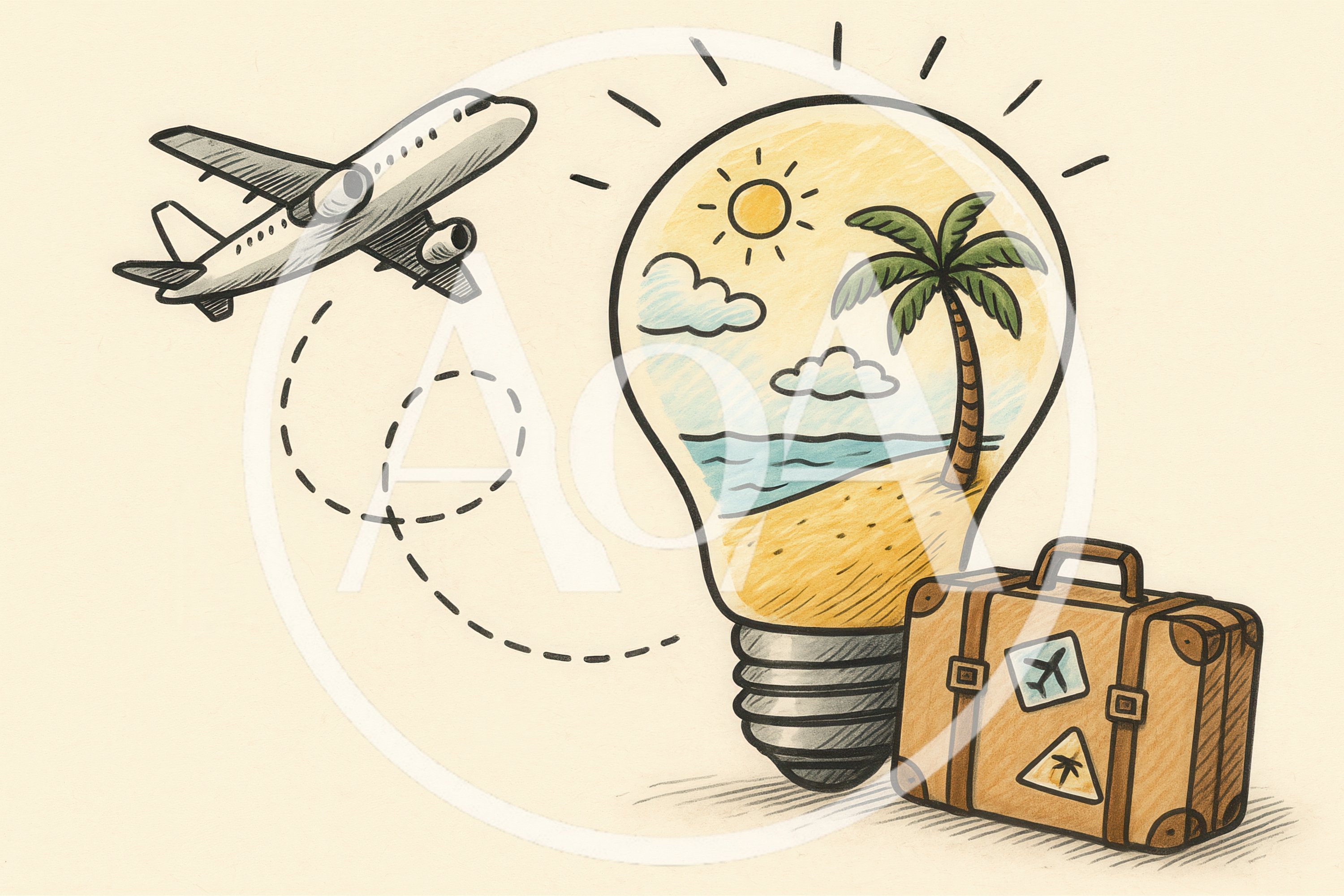 Travel Concept Illustration With Airplane Lightbulb And Suitcase