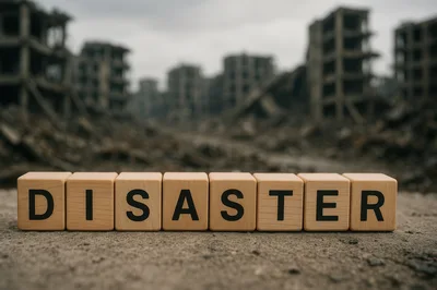 Wooden Blocks Spelling Disaster Against A Ruined Cityscape
