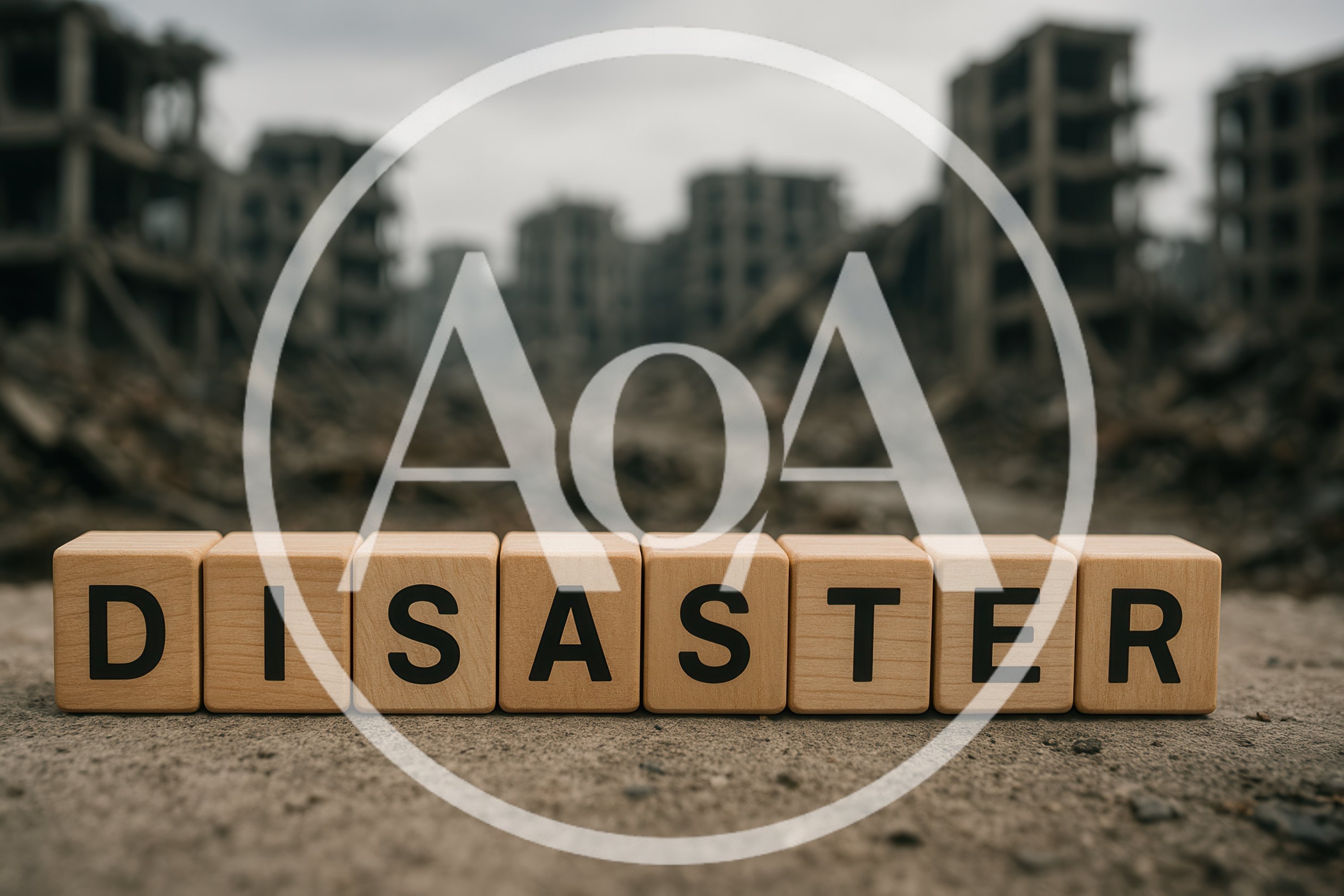 Wooden Blocks Spelling Disaster Against A Ruined Cityscape