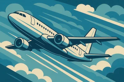 Commercial Airplane Flying Through Clouds