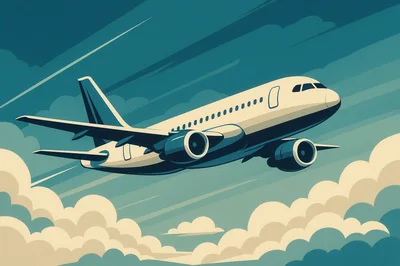 Commercial Airplane Flying Through Clouds In Retro Style