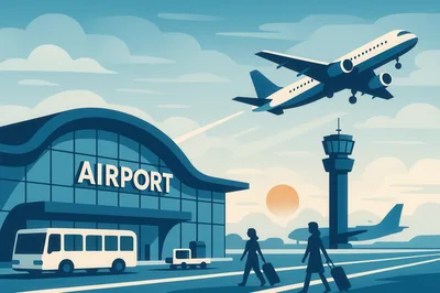 Airport Terminal Scene With Airplane Taking Off
