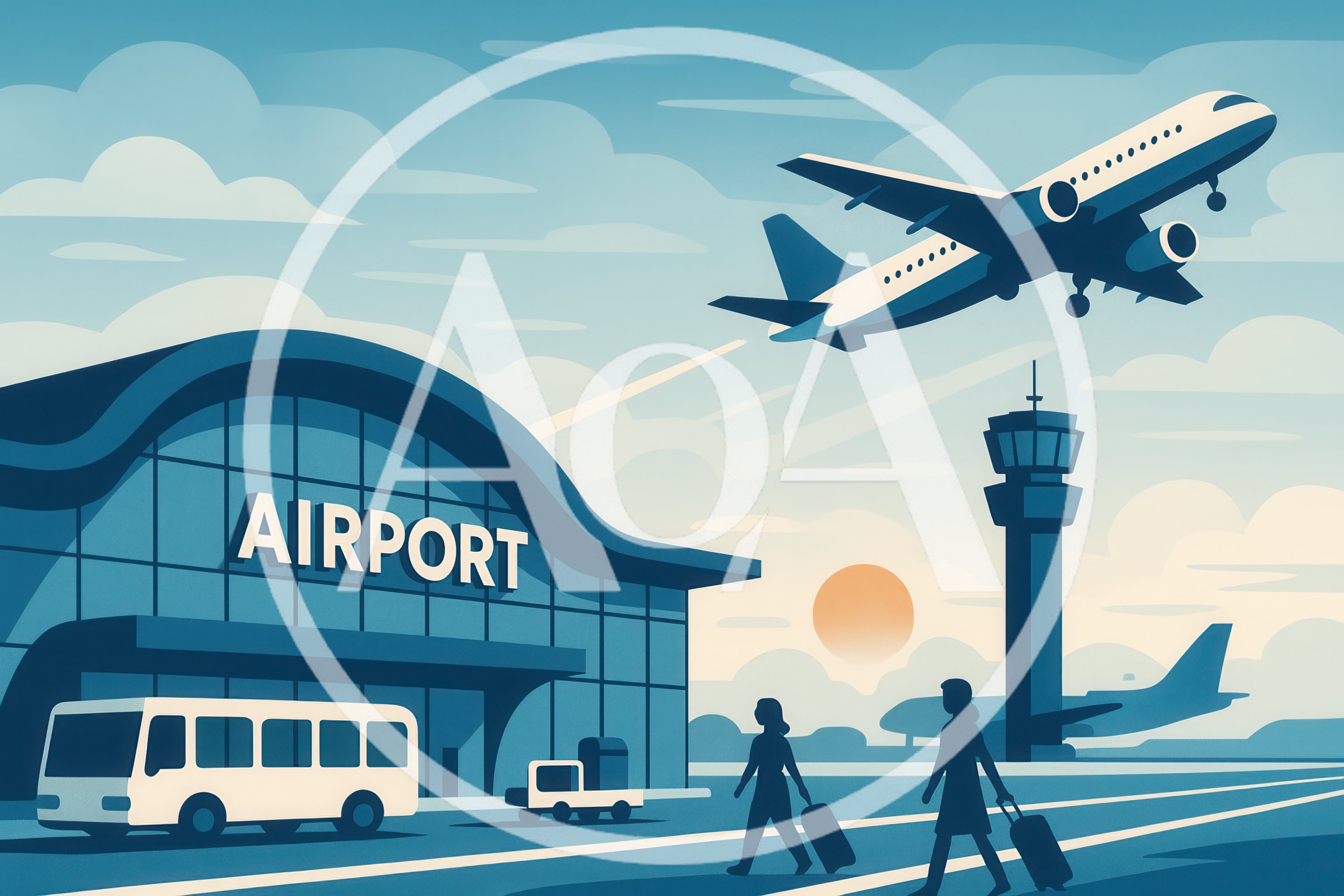 Airport Terminal Scene With Airplane Taking Off