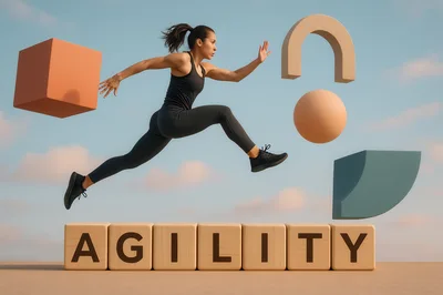Athletic Woman Jumping Over Agility Blocks